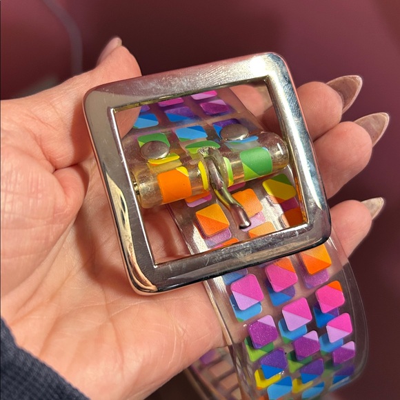 VINTAGE Clear PVC Jelly Belt Metal Buckle Rainbow Squares Disco Y2K main image 5